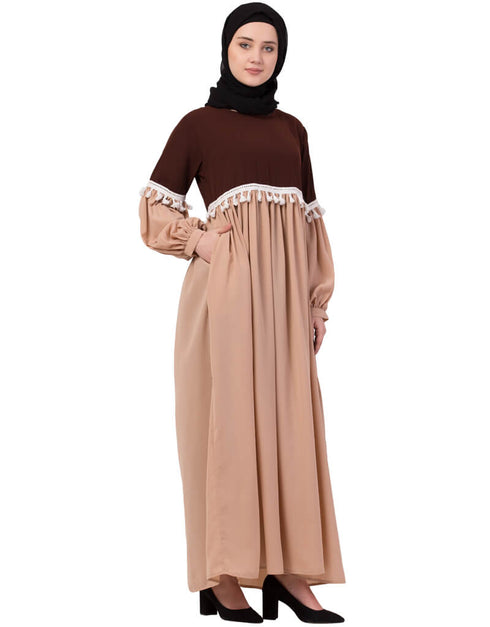 Muslim Two Color With Lace Gathered Abaya Brown